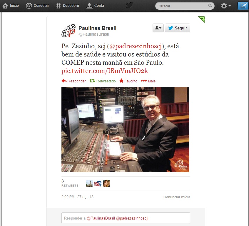 Do Twitter da Paulus que registou a visita do Padre Zezinho aos seus estúdios.